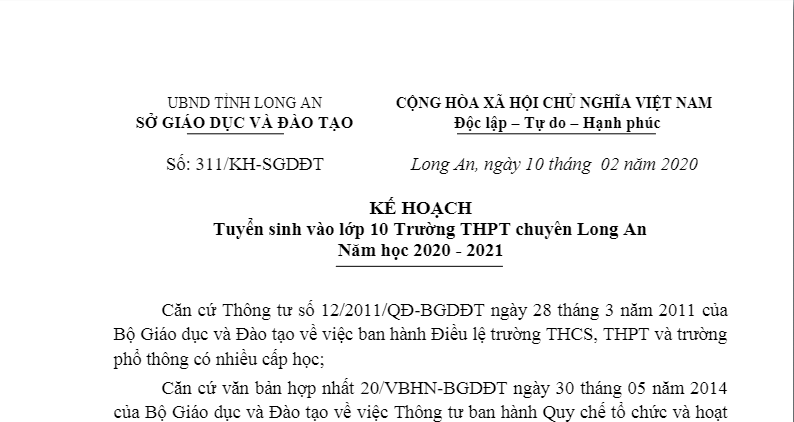 Kế hoạch tuyển sinh vào lớp 10 chuyên Long An